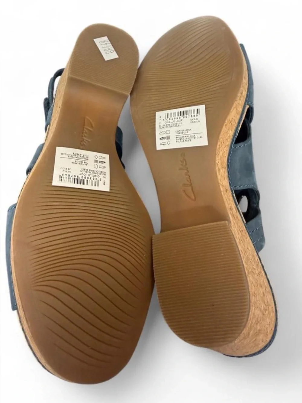 Clark’s Ultimate Comfort Giselle Dove Navy Nubuck Cork Wedge Sandals. NWOT!